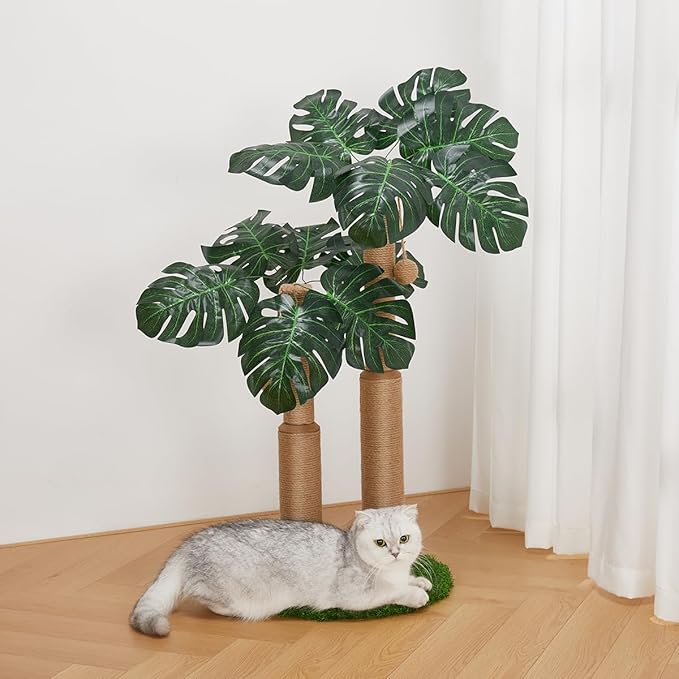 29.7inch Cat Scratching Post,Cat Scratcher Cat Tree with 2 Sisal Scratching Poles & 2 Interactive Dangling Balls,Cats Scratching Posts for Indoor Kitten & Adult Cats (2 Posts Monstera Tree)