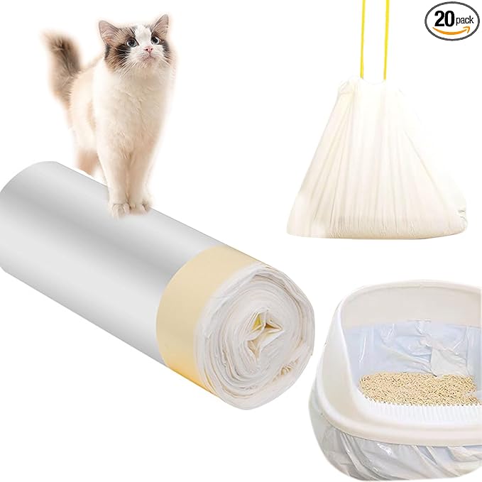 20 Count Cat Drawstring Litter Box Liners 26.6 * 16.7 inches 2 Mils Heavy Duty Leak-proof Cat Poop Bags Extra Durable Compatible with Litter Robot 3 & 4, 10-12 Gallons