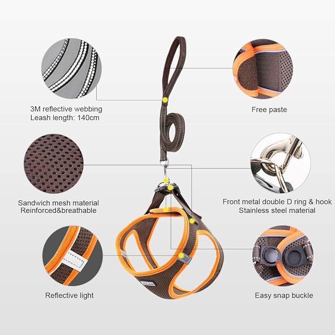 Soft Mesh Dog Harness and Leash Set, Step-in Reflective Breathable Comfort Padded Quick Dry Pet Puppy Vest Harness for Extra-Small/Small Medium Dogs and Cats (Brown, XXS)