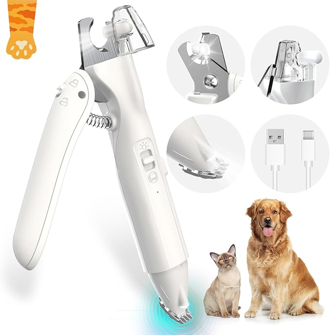 2 in 1 Dog Nail Clippers & Dog Paw Trimmer for Large Medium Small Dogs, USB Rechargeable Dog Nail Trimmers with 2 LED Light and Safe Lock Design for Dogs and Cats