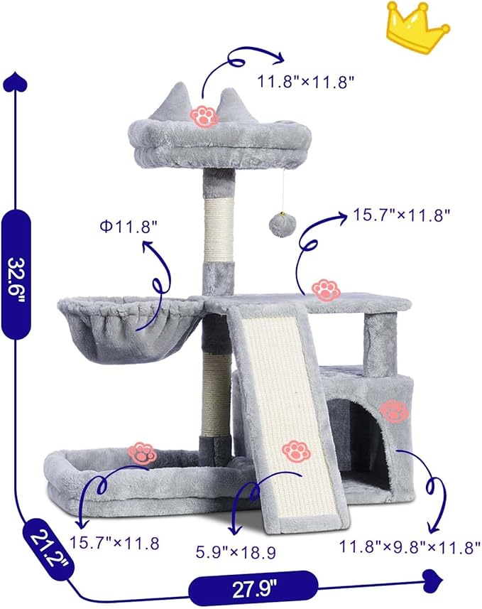 Cat Tree, Cat Tower with condo, Basket, Large Bed, Platform, Scratch Board, Cat Scratching Posts for Indoor Cats, Light Gray GCT002SW
