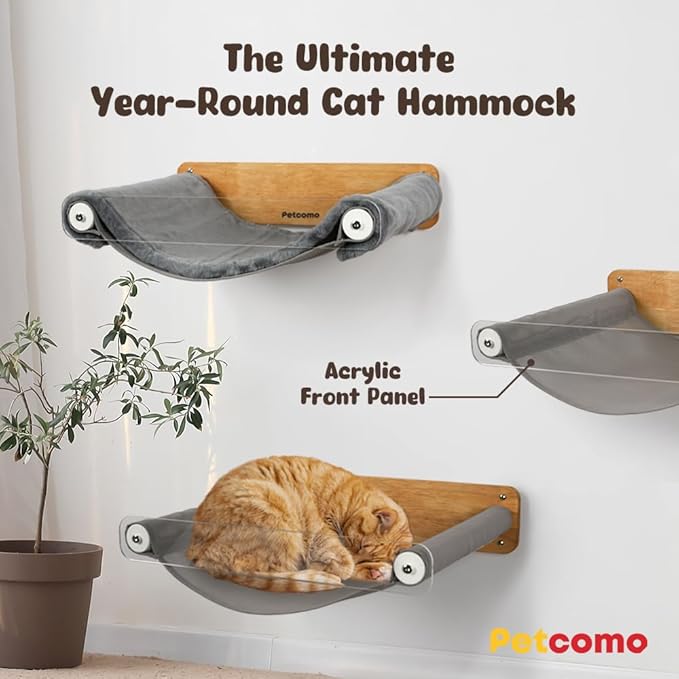 Cat Hammock Wall Mounted, Wooden Kitty Wall Furniture, Stable Shelves Floating Cat Perches for Sleeping, Playing, Climbing and Lounging - MK2012A