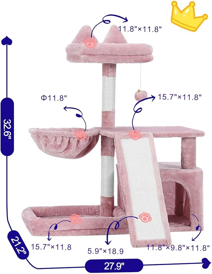 Cat Tree, Cat Tower with condo, Basket, Large Bed, Platform, Scratch Board, Cat Scratching Posts for Indoor Cats, Pink GCT002SP