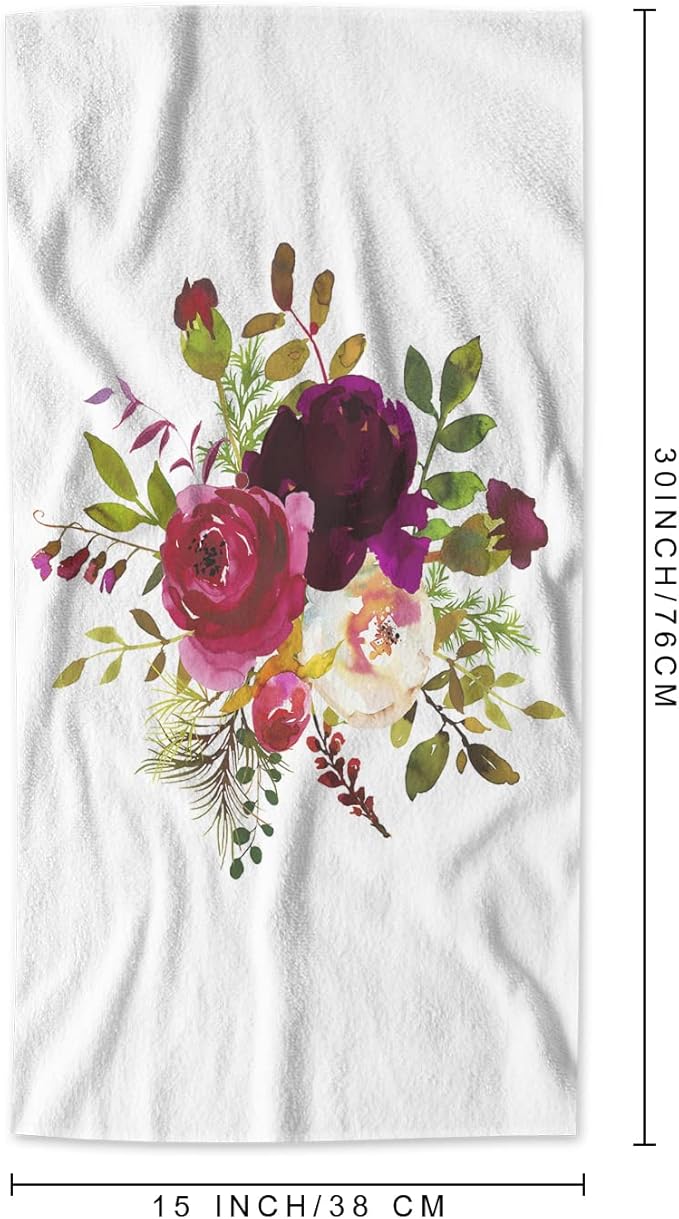 AOYEGO Floral Hand Towels Watercolor Boho Burgundy Red White Rose Flower Green Leaf Towel Highly Absorbent Soft Towel Kitchen Bath Decor for Women Men 15x30 Inch