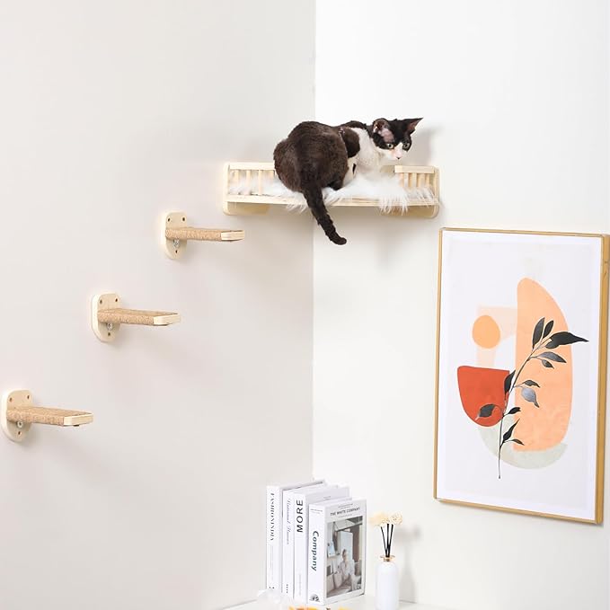 Cat Wall Shelves, Cat Shelves and Perches for Wall, Corner Cat Shelf, Cat Wall Furniture with 3 Steps Scratch Post, Cat Bed Hammock with Plush Covered, Climbing Shelf for Indoor Cats (Wood)