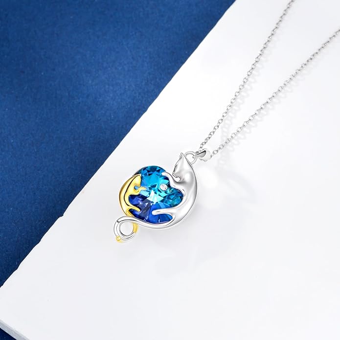AOBOCO Valentine Cat Necklace for Women 925 Sterling Silver Cat Pendant Necklace Embellished with Crystals from Austria Jewelry Gifts for Cat Lovers