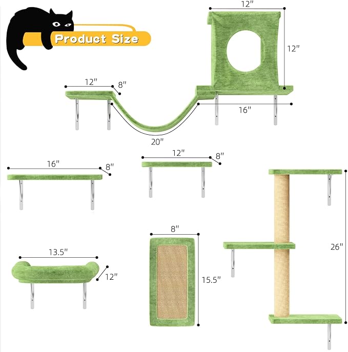 Wall Mounted Cat Furniture, 6pc Cat Wall Furniture, Cat Climber with Cat House, Bridge, Tree, Steps, and Scratcher, DIY Cat Walls Playground, Cat Shelves for Indoor Wall Furniture Set - Green