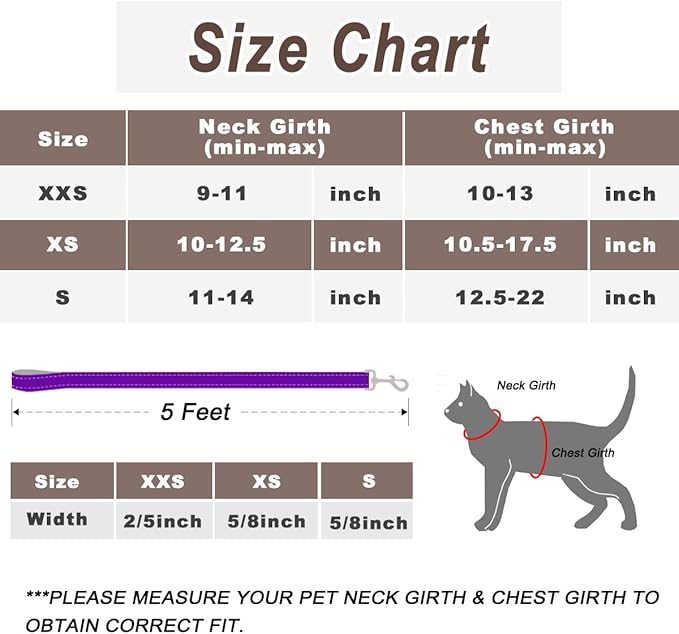 Cat Harness and Leash Set for Walking Escape Proof for Small Large cat Kitten Harness with ID tag Pocket (Purple,S)