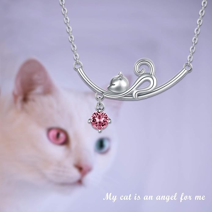 AOBOCO 925 Sterling Silver Lovely Cat Kitten Pendant Necklace with 12 Months Birthstone Crystal from Austria, Christmas Birthday Jewelry Gifts for Cat Lover