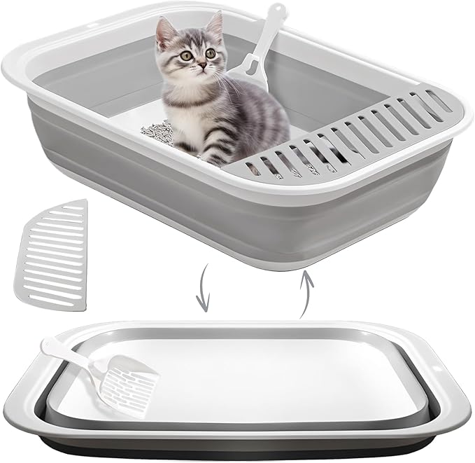 2Pcs Cat Litter Box, Collapsible Kitten Litter Box with Scoop, Open Potty Pan Cat Toilet Portable Cats Litter Box Travel Litter Easy to Clean and Assemble