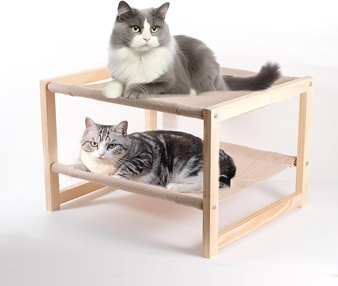 2 Tier Cat Hammock Bed, Elevated Wooden Pet Bunk Beds for Indoor Cats, Double Wooden Cat Bed, Solid Wood Raised Hanging Bed for 1 or 2 Cats Breathable Washable Covers