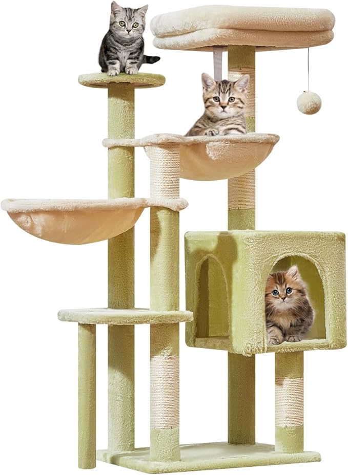 Taoqimiao Cat Tree, 39.4-Inch Cat Tower for Indoor Cats,Suitable for Kittens,Plush Cat Condo with 5 Scratching Posts, Plush Perch,2 Hammock,Pompoms, MS019GB Green and Beige