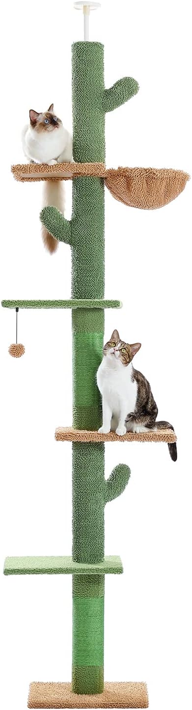 PAWZ Road Cat Tree, Cactus Floor to Ceiling Cat Tower with Adjustable Height(95-108 Inches), 5 Level Cat Climbing Tower with Cozy Hammock, Platforms and Dangling Balls for Indoor Cats