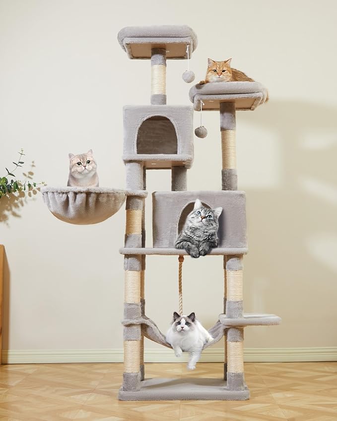 Taoqimiao 66-Inch Cat Tree Cat Tower for Indoor Cats, Plush Multi-Level Cat Condo with 12 Scratching Posts, 2 Perches, 2 Caves, Hammock, 2 Pompoms MS013W Light Gray