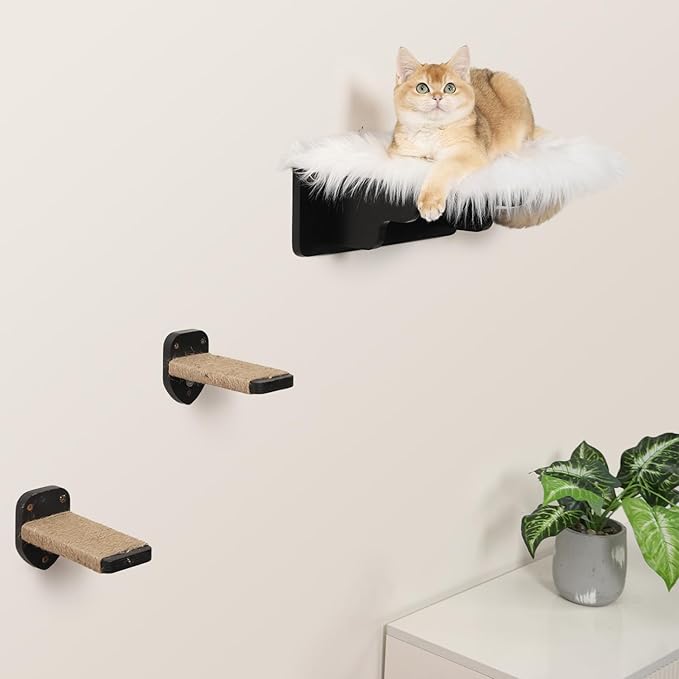 Cat Wall Shelves, Cat Shelves and Perches for Wall, Cat Wall Furniture, Cat Wall Mount Climbing Shelf with 3 Steps Scratch Post, Cat Bed Hammock with Plush Covered for Indoor Cats (Black)