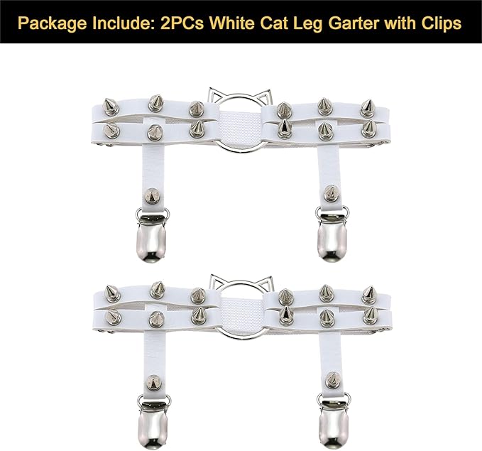 2pcs Cat Leg Garter with Clips, Elastic Adjustable Thigh Garters Belt for Women, Black/White