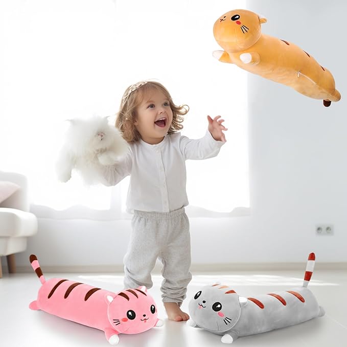 AFAN Long Cat Plush Cute Cat Body Pillows Kawaii Stuffed Animals Plushies Soft Cuddly Cotton Plush Toys Room Decor Gifts for Kids Girls Boys Adults (Pink, 34 Inch)