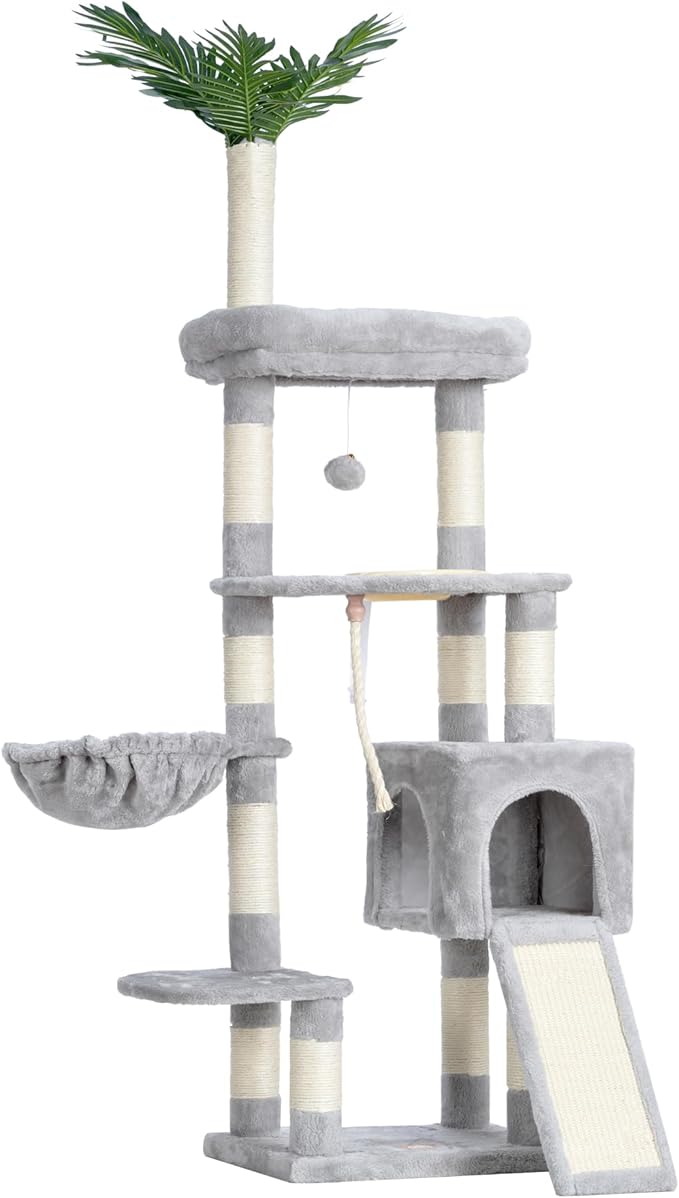 Heybly Cat Tree,Cat Tower for Indoor Cats, 65.4 inches Cat Condo with Perches, Basket, Feeding Bowl Station, Multi-Level Plush Furniture with Scratching Posts, Light Gray HCT015W