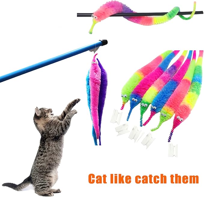 100 Pieces Fuzzy Worm Toys Fluffy Toy Worms Rainbow Worms on String Bulk Trick Toys Carnival Party Favors for Kid Cat