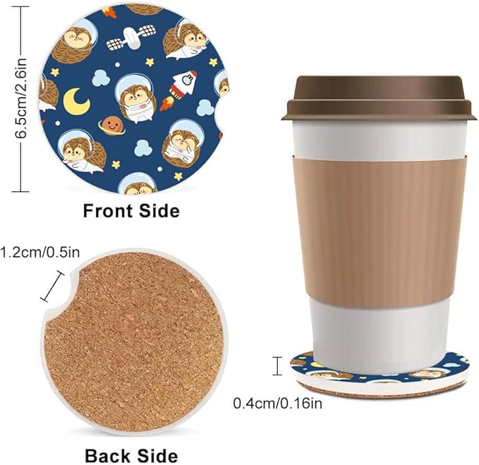 Absorbent Car Cupholder Coaster 2 Pack, Cute Car Coasters with a Finger Notch for Women & Men,2.56" Ceramic Stone & Non-Scratch Cork Base Drink Coasters, Cute Auto Accessories Gifts