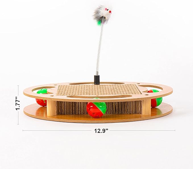 Cat Scratching Board with 4 Cat Bell Balls Toys and Spring Mouse Toy, Cat Scratcher Pad for Indoor Cats, Cat Scratcher Cardboard, Durable, Cat Self Groomer, Stable and Non-Slip, Eco-Friendly Wood