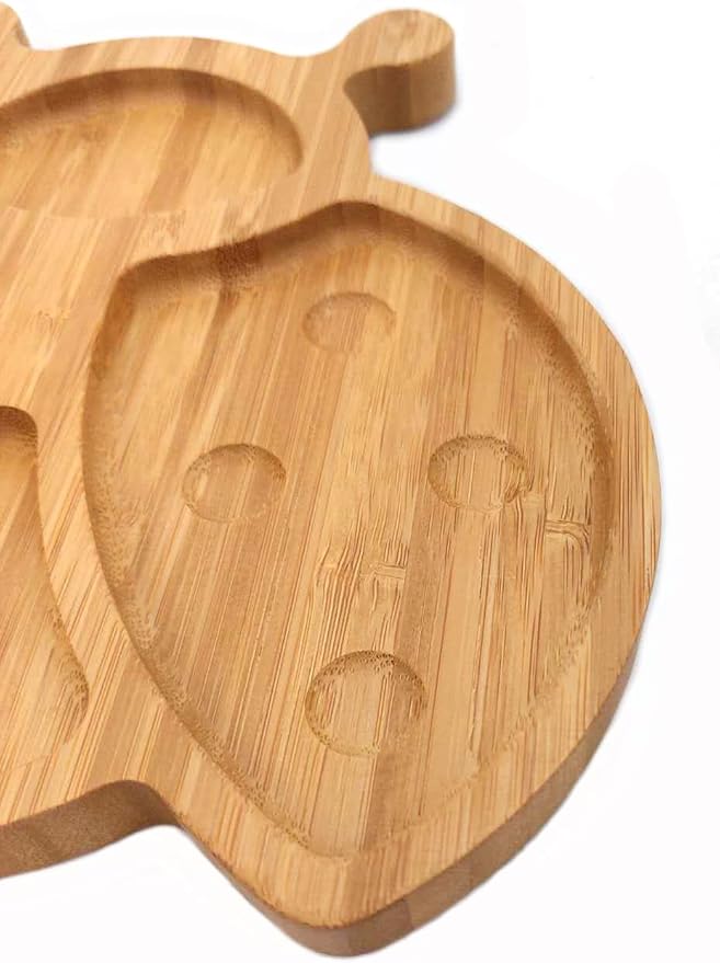 4916, Bamboo Food Plates for Snacks, Appetizer, Fruit, Vegetable - Divided Four Compartments, Eco-Friendly, Ladybug Shaped, 8x8.25 inches, 1 Pack