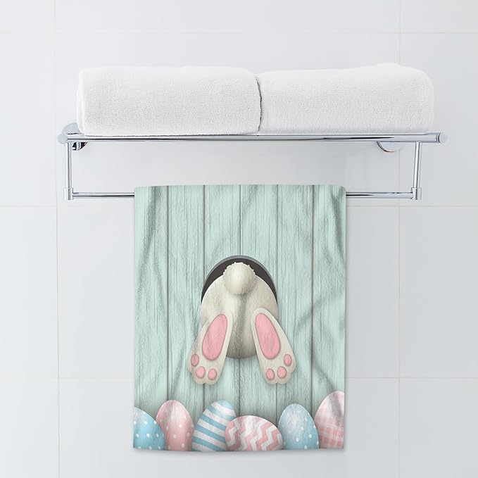 AOYEGO Easter Bunny Microfiber Towels Colorful Eggs Rabbit Blue Wood Plank Bath Towels Kitchen Hand Towels for Women Men Girls Boys 15x30 Inch
