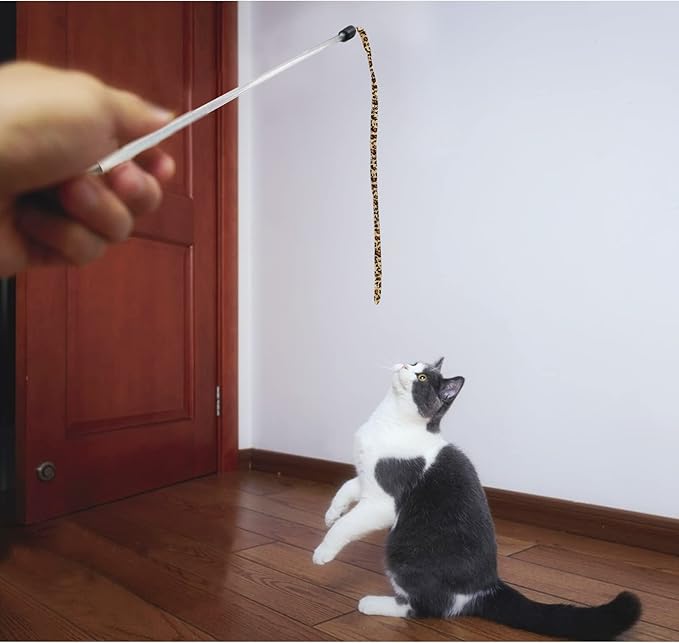 Andiker Cat Wand Teaser Toys，2Pcs Plastic Rainbow Cat Interactive Toys for Indoor Cats Colorful Ribbon&Leopard Print Cat Fishing Pole Toys Training Exerciser for Cat Gifts and Kitten Lovers (2pcs)