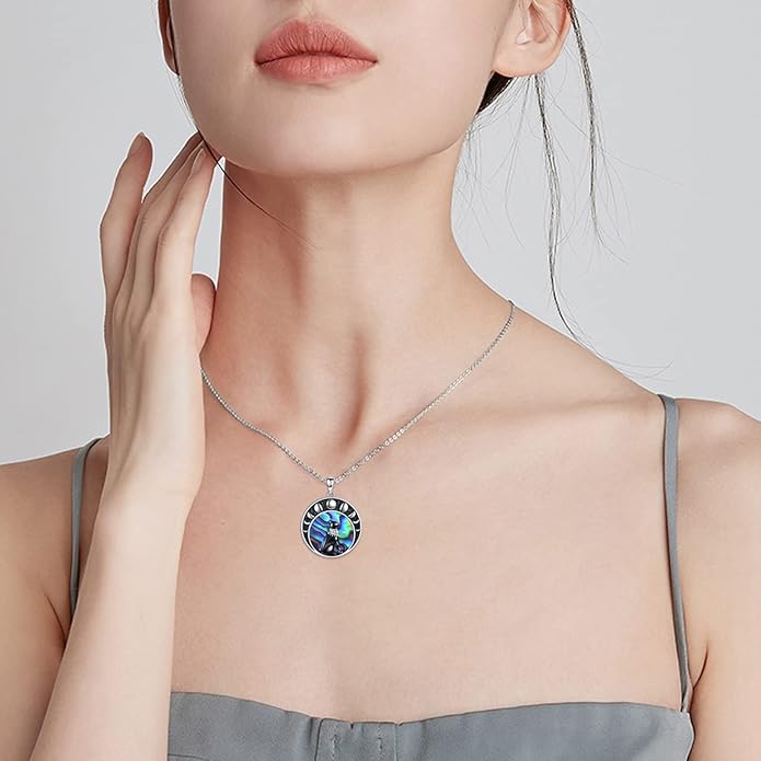 925 Sterling Silver Moon Black Cat Necklace for Women - Tree of Life Jewelry with Abalone Stone - Cat Lover Birthday Gift