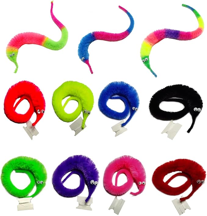 100 Pieces Fuzzy Worm Toys Fluffy Toy Worms Rainbow Worms on String Bulk Trick Toys Carnival Party Favors for Kid Cat