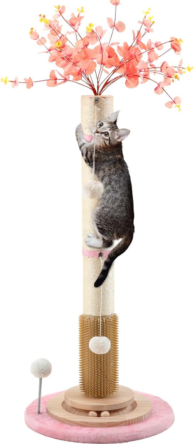 45'' Tall Cat Scratching Post,3.5Inch Diameter Sisal Rope Scratching Post for Indoor Cats Adults Kittens,Cat Scratcher with Interactive Ball Toys Self Groomer Brush for Large Cats (45 inch)