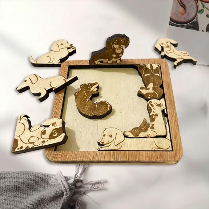 02 Dachshund Dog Coaster - Dachshund Dog Puzzle Wooden Coaster Set - Interlocking Jigsaw Drink Mats with Laser-Cut Design for Dachshund Lovers (Dachshund Dog)