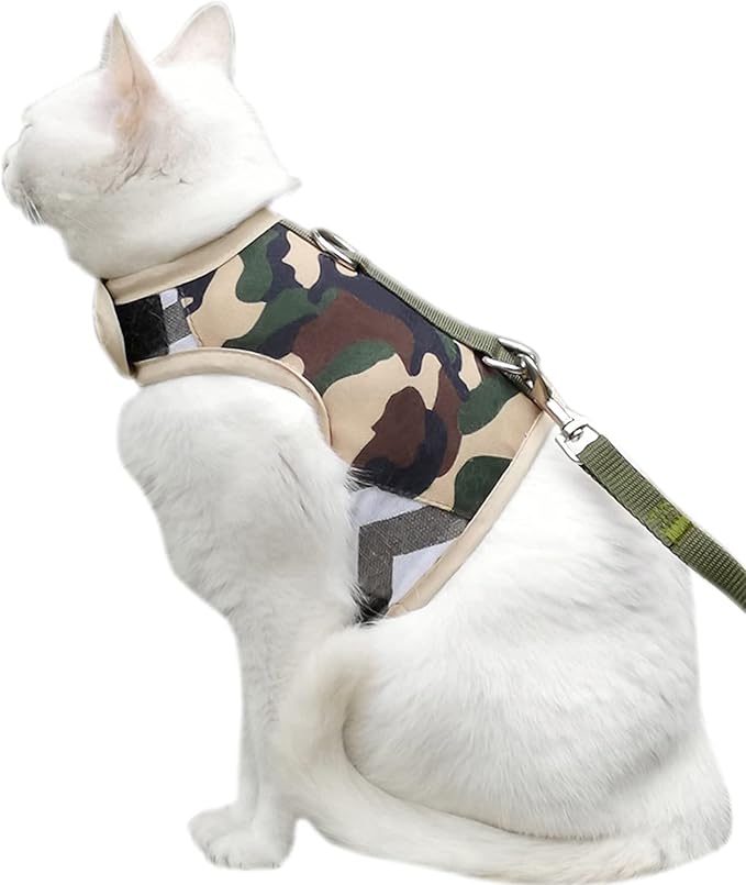 Cat Harness and Leash Set for Walking Escape Proof, Adjustable Cat Vest Harness, Padded Stylish Cat Walking Jackets, Camo Green, Extra Large