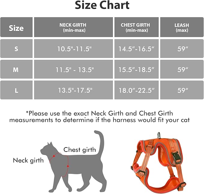 Rttochfy Cat Harness and Leash Set, Adjustable and Reflective Cat Vest, Escape Proof Kitten Harness, Easy to Put on with 3 Buckles for Cats Walking and Traveling (Orange, S)