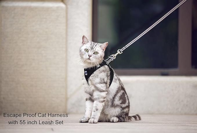 Cat Harness and Leash for Walking Escape Proof, Adjustable Soft Mesh Comfortable Vest Harnesses for Cats, Breathable Reflective Strips Easy to Put on Step-in Kitty Jacket (Black, L)