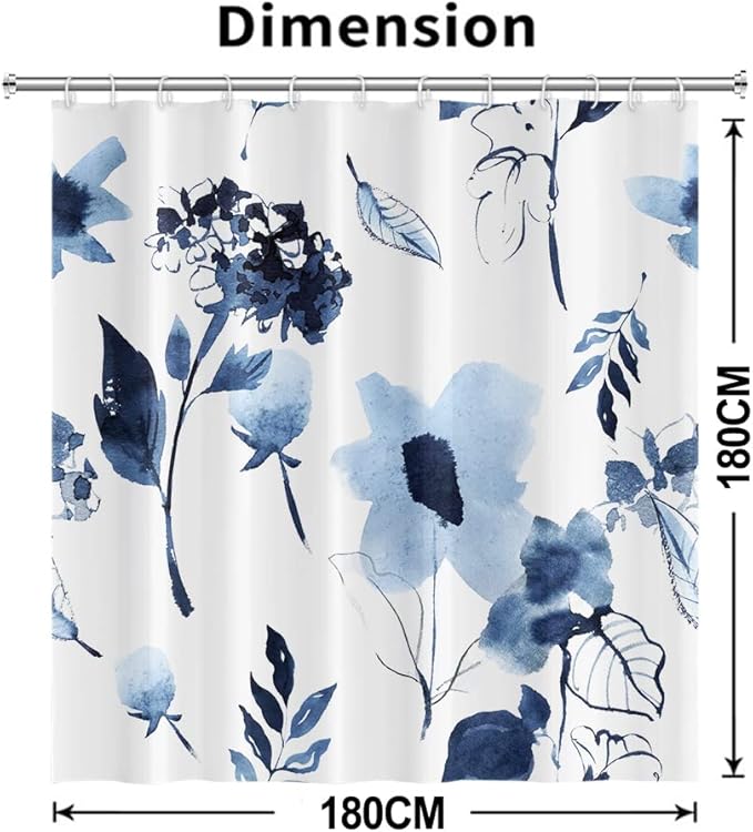 AWERT Blue Floral Shower Curtain - Watercolor Ink Flowers with Hooks - Waterproof Fabric - Bathroom Decor - 72x72inch