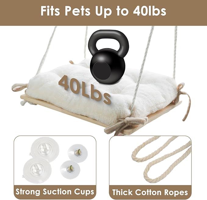 Cat Window Perch, Cat Window Hammock with Cushion Bed, Solid Wood Seat & Strong Suction Cups, Safety Cat Bed Window, Easy to Install Cat Indoor Furniture for Large Cats and Kittens