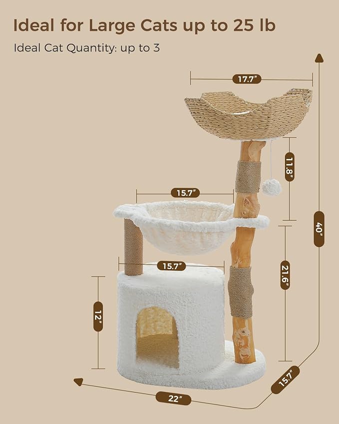Modern Cat Tree for Large Cats, Wood Cat Tower for Indoor Cats, Real Branch Luxury Cat Furniture with Super Large Cozy Condo and Hammock & Scratching Post, Top Basket, White