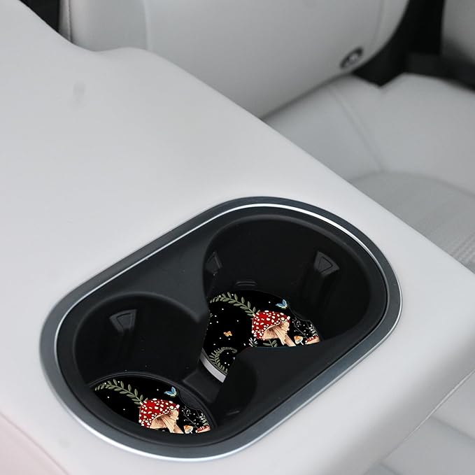 2 Pack Cute Mushroom Pattern Absorbent Car Coasters for Cup Holders,2.56" Ceramic Coasters with Cork Back and Finger Slot,Auto Accessories for Women & Men.