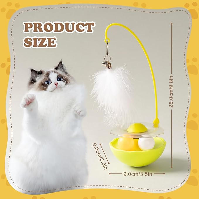 3-in-1 Tumbler Catnip Toy Interactive Cat Toys Cat Teaser with Feather and Bell, Track Balls Kitten Toys for Indoor Cats 9.8'' High (Yellow)