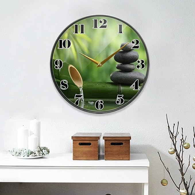 ALAZA Zen Stone Bamboo Wall Clock Battery Operated Silent Non Ticking Clocks for Living Room Decor 12 Inch / 9.5 Inch