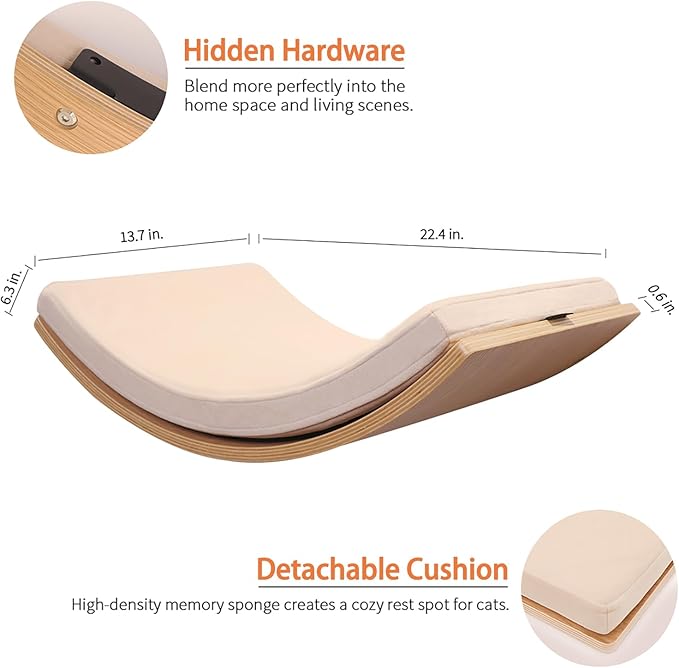 Large Cat Wall Shelves Curved Floating Cat Shelf Perch Bed with Cushion Wooden Cat Wall Furniture for Climbing Sleeping 22.4"x13.7"(White Oak)