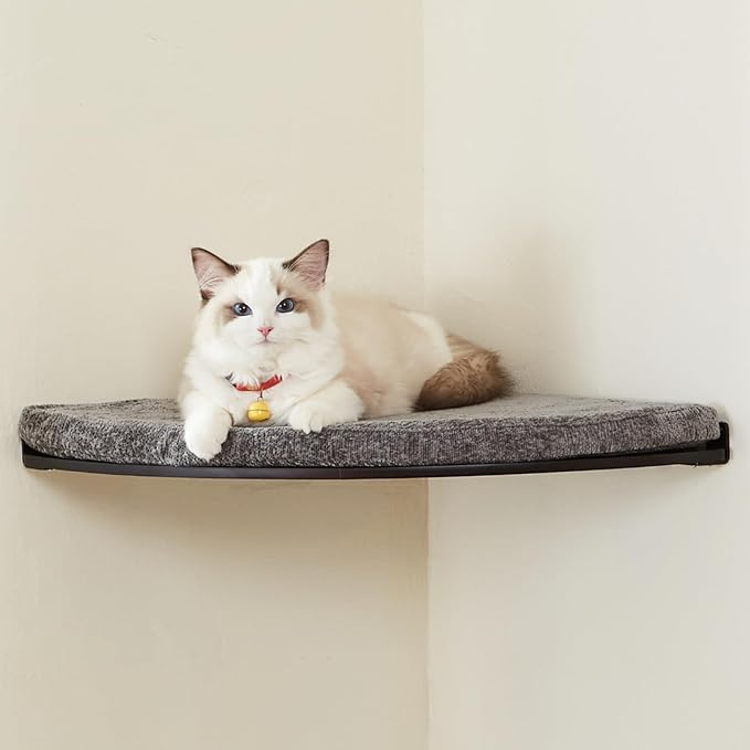 Wall Mounted Corner Cat Bed - Cat Shelf with Comfortable Cushion - Minimalistic Cat Furniture for Indoor Cats - Climbing Cat Perch for Wall, Walnut