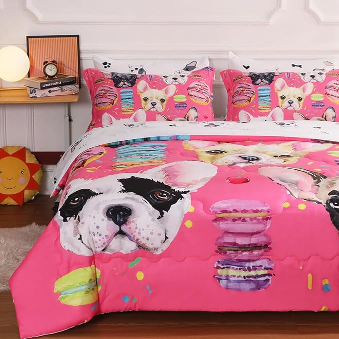 7 Piece Dog Comforter Set Full Size for Kids Cute 3D French Bulldog Dogs Bedding Bed in A Bag for Teens Boys Girls All Season Watercolor Pink Animal Themed Comforter