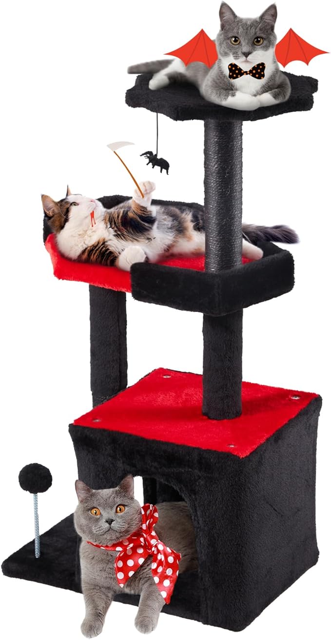 Erinnyees Gothic Cat Tree, Black Cat Tower for Indoor Cats, 33.5" Cat Condo with Scratching Post, Coffin Cat Bed, Small Goth Cat Tree with Spooky Ball for Kittens