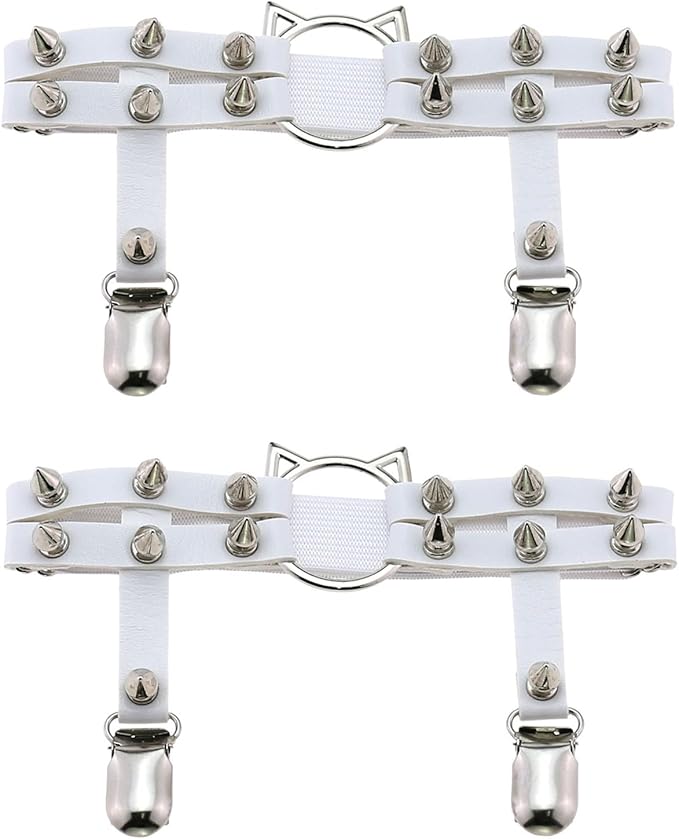 2pcs Cat Leg Garter with Clips, Elastic Adjustable Thigh Garters Belt for Women, Black/White