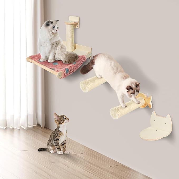 TONY HOBY Cat Wall Shelves, Cat Scratching Post, Wall Cat Hammock, Cat Wall Steps Indoor Playground (4 Pcs)