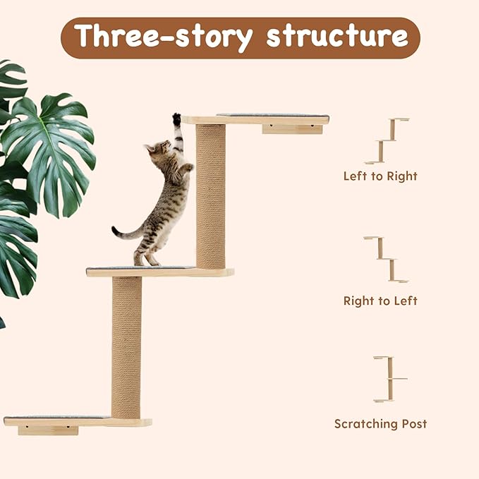 Cat Wall Shelves 3-in-1: Wall-Mounted Cat Ladder, Cat Steps, Cat Stairs, Scratching Post, Jumping Platform, Cat Tree, and Perch for Climbing & Napping – Ideal for Active Cats