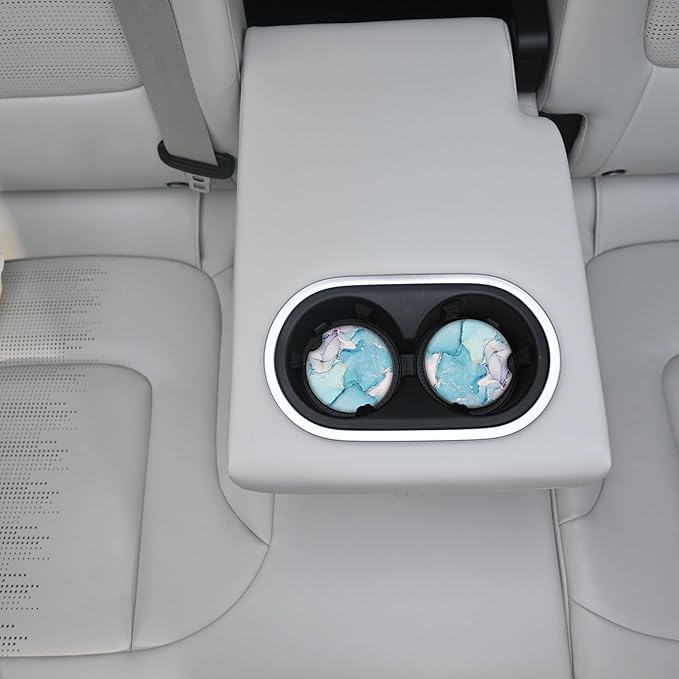 Absorbent Car Coasters 2 Pack for Cup Holders Set for Women/Men, 2.56" Ceramic Stone & Non-Scratch Cork Base Drink Coasters Golden Blue Marble.