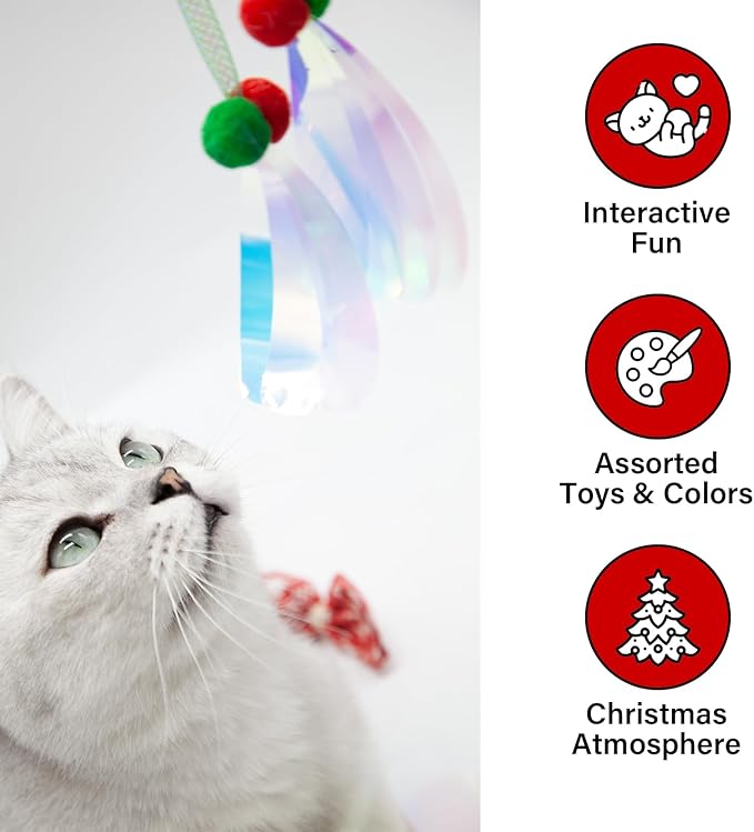 8 Pcs Christmas Cat Toy Box for Cats, Including 2 Cat Wand Refills, 2 Catnip Kicker Toys Red/Green, 1 Cat Mouse Toy, 1 Cat Spring Toy, 2 Worm Cat Teaser Toys for Indoor Cats